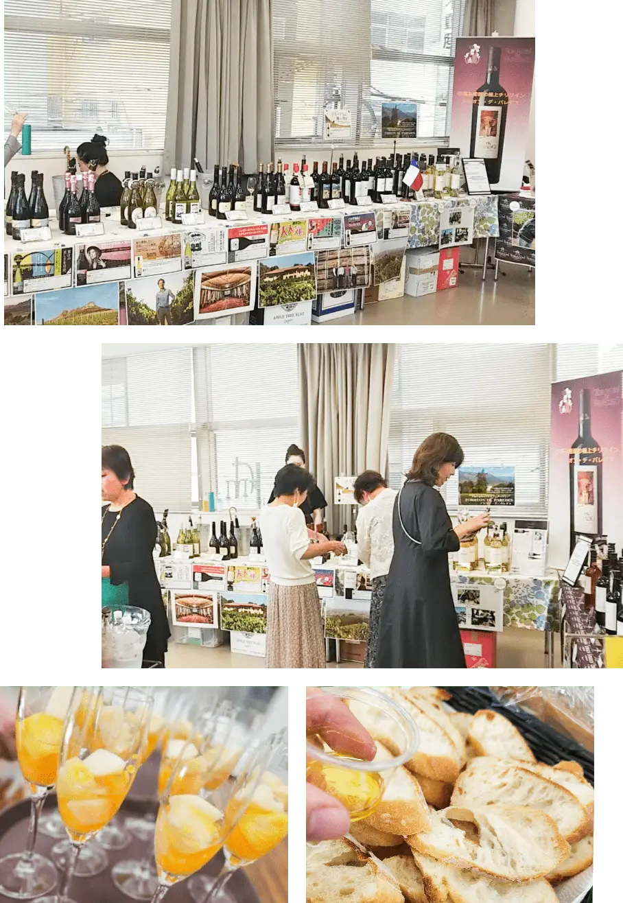 【会場の写真】会場内には様々なワインが並び、参加者の方はそれぞれ試飲をしたり軽食を楽しんでいただけます。